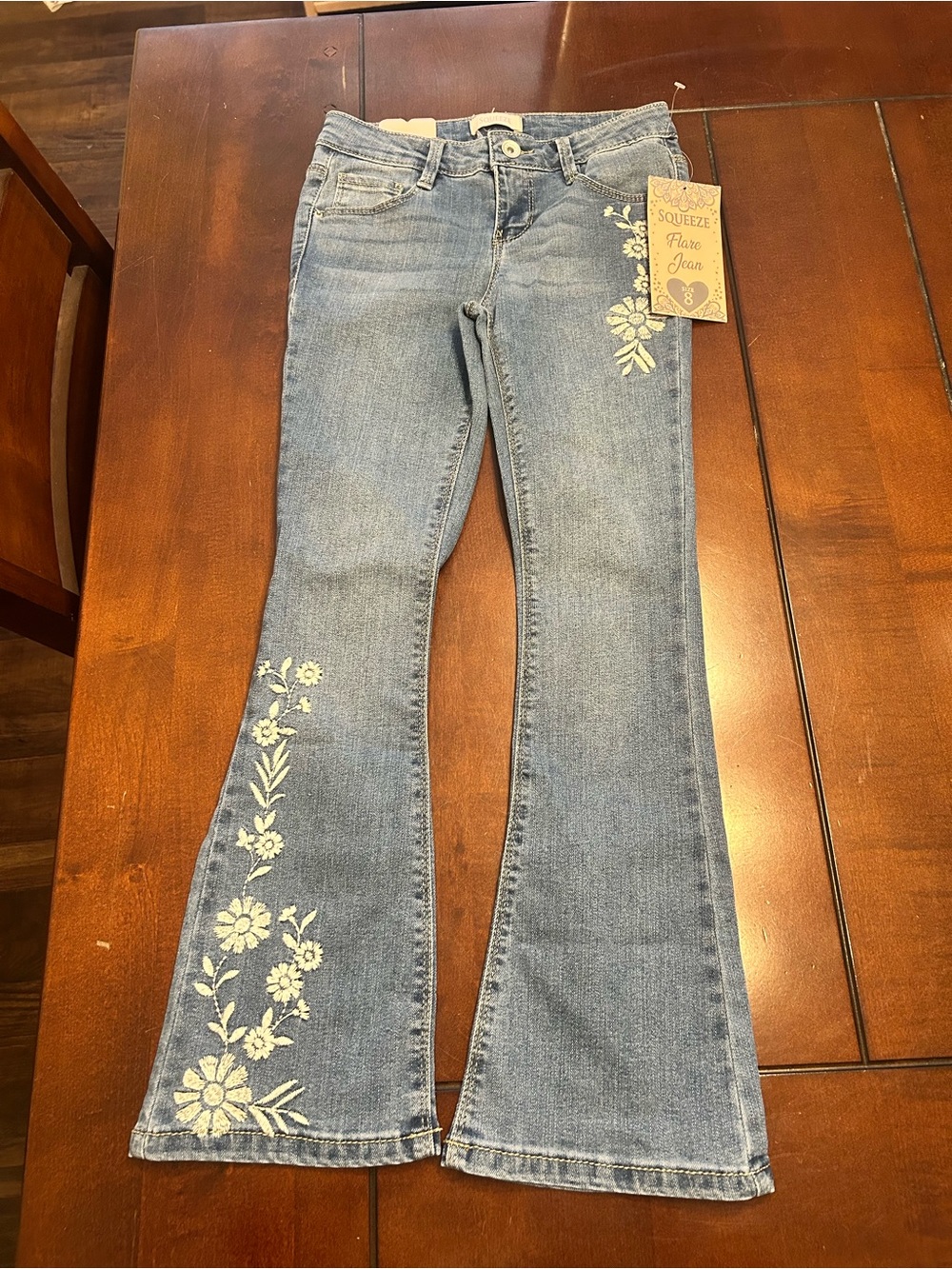 Squeeze Light Blue Denim Flare Jeans with Cream Floral Embroidery